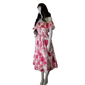 Garden Tea Party Fuschia Peonie Azalea Floral Midi Fit and Flare Romantic Dress